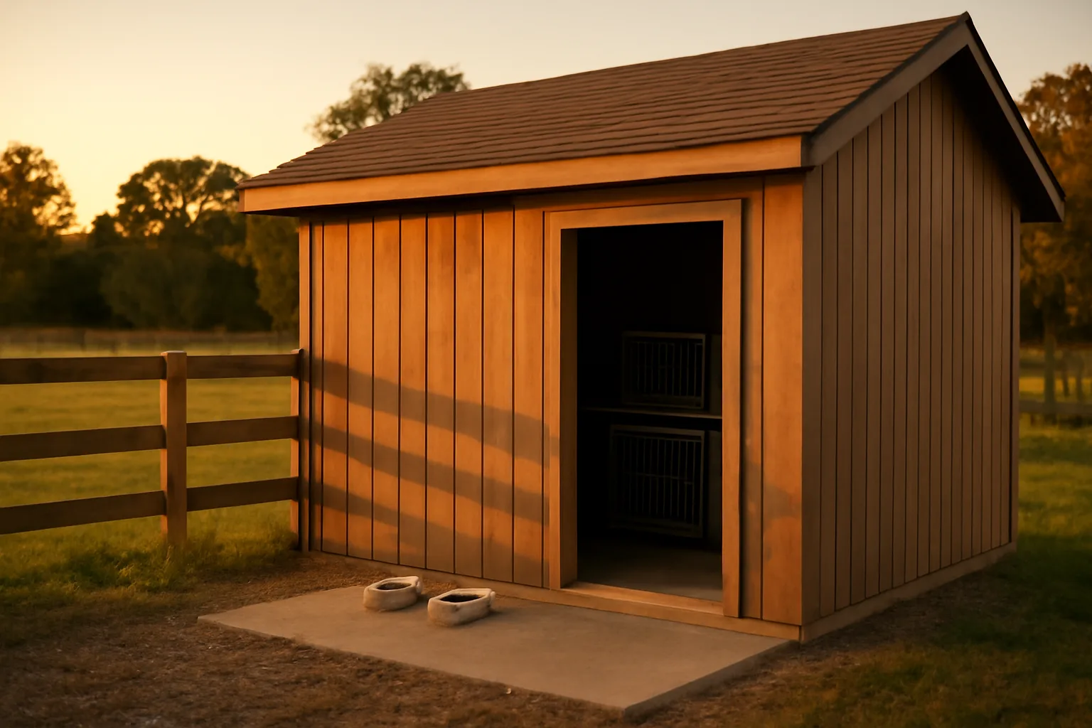 Home-based dog breeding kennel building with fenced outdoor run at dusk