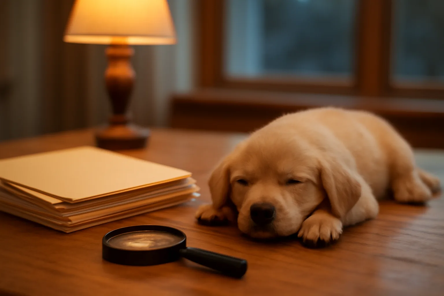 Breeder reviewing dog pedigree ancestry documents at a table with a sleeping puppy nearby