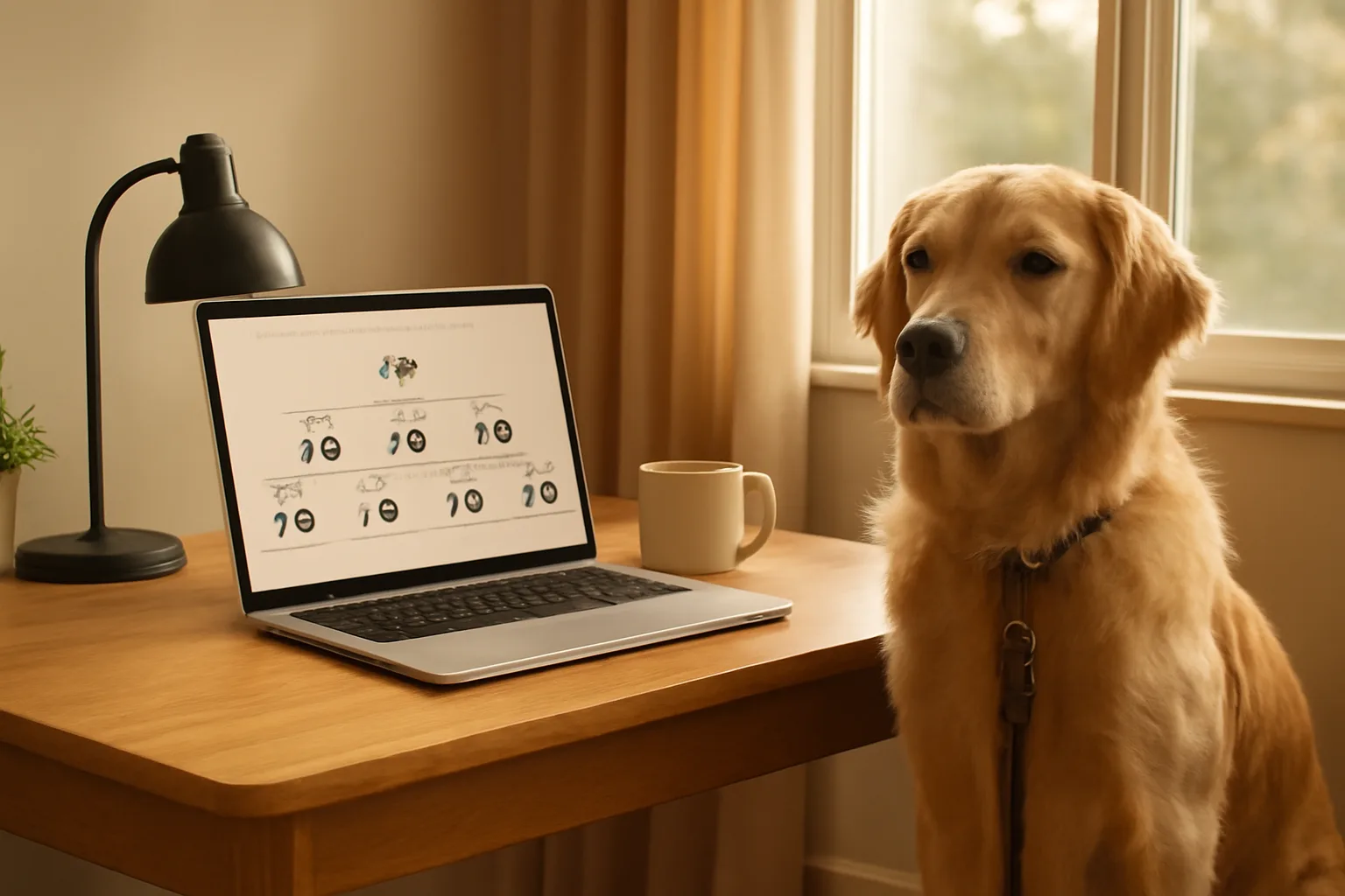 Golden retriever sitting beside a desk with pedigree paperwork during registration research