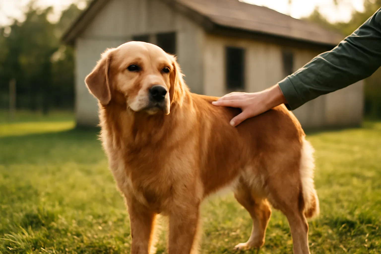 AKC registered dog standing outside a kennel building in afternoon light