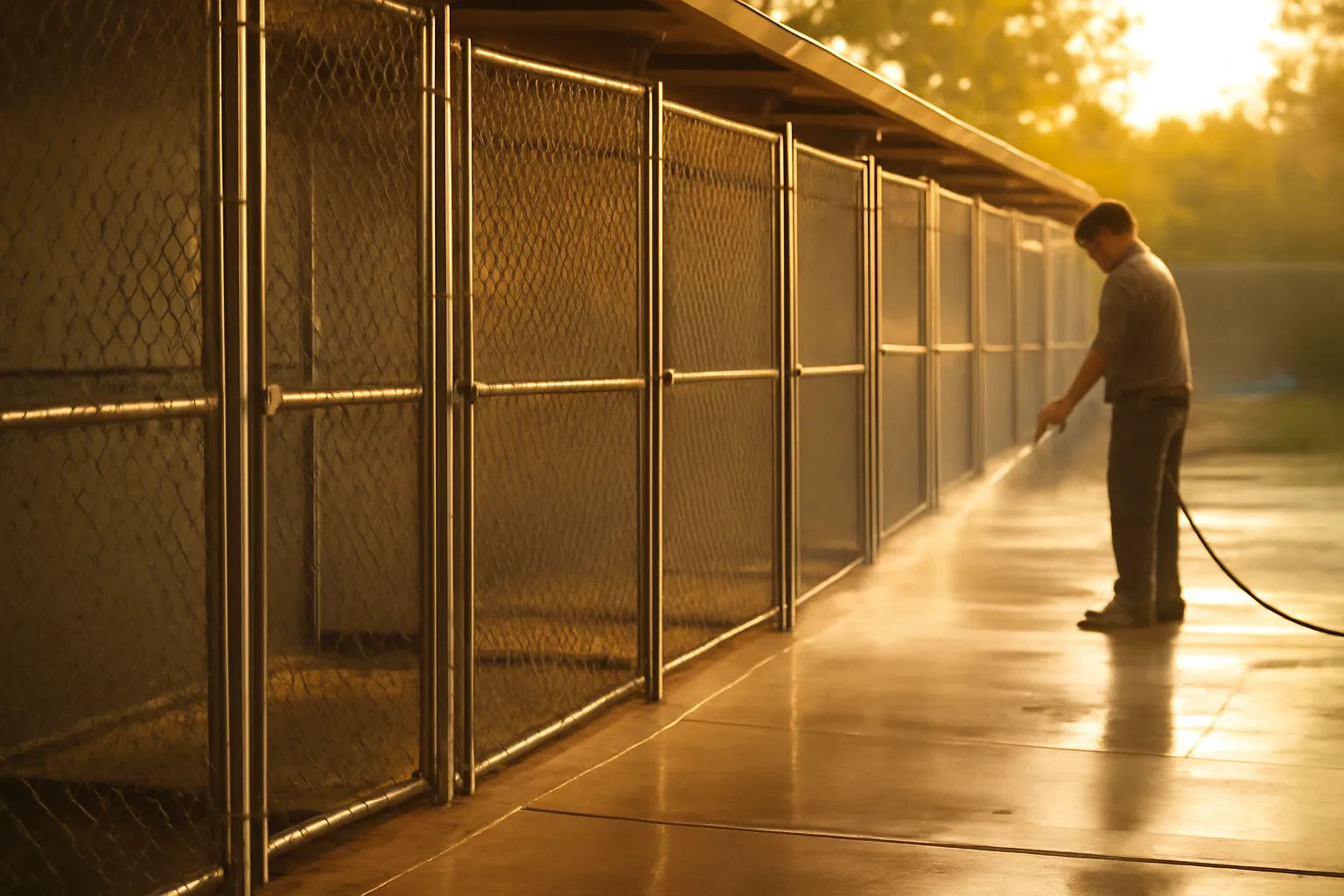 Rows of outdoor dog kennel runs being cleaned in late afternoon light
