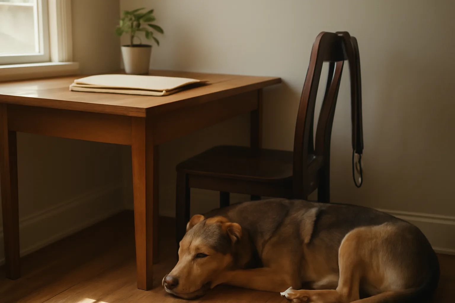 Dog resting near a desk with vaccination records during licensing paperwork review