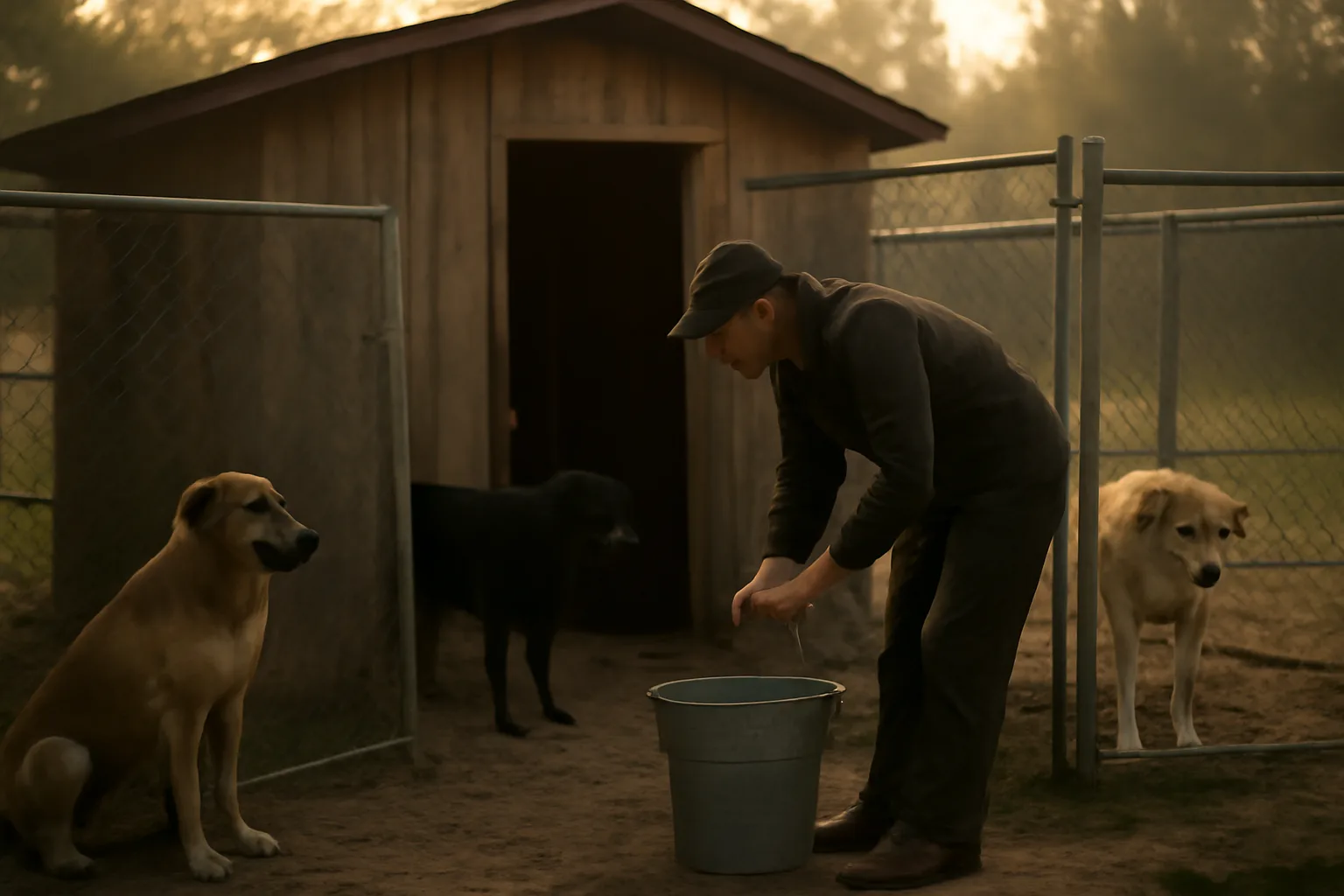 Breeder checking dog runs and water at a licensed rural kennel facility in early morning light
