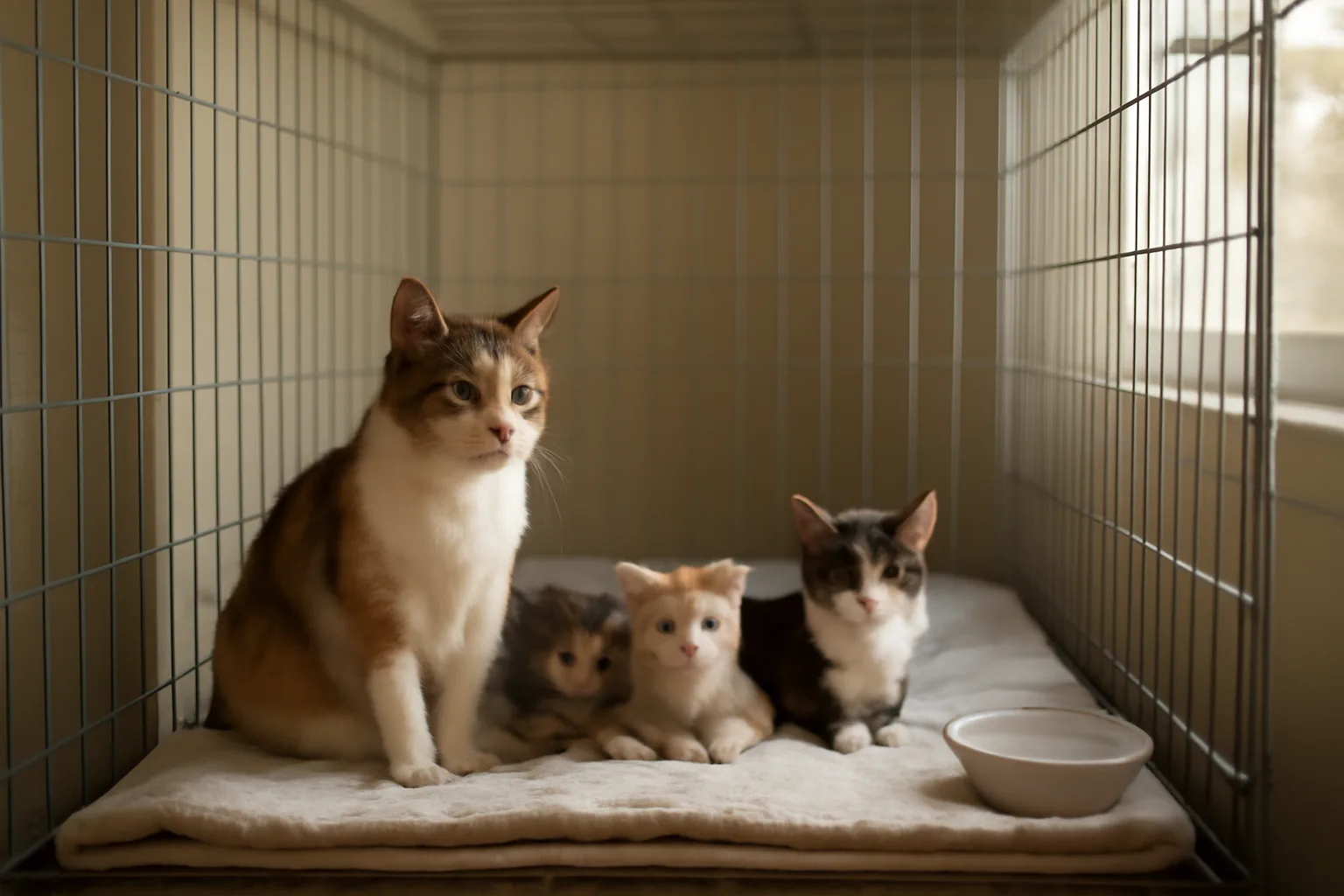 Calico cat and kittens resting in a clean home cattery enclosure with morning light
