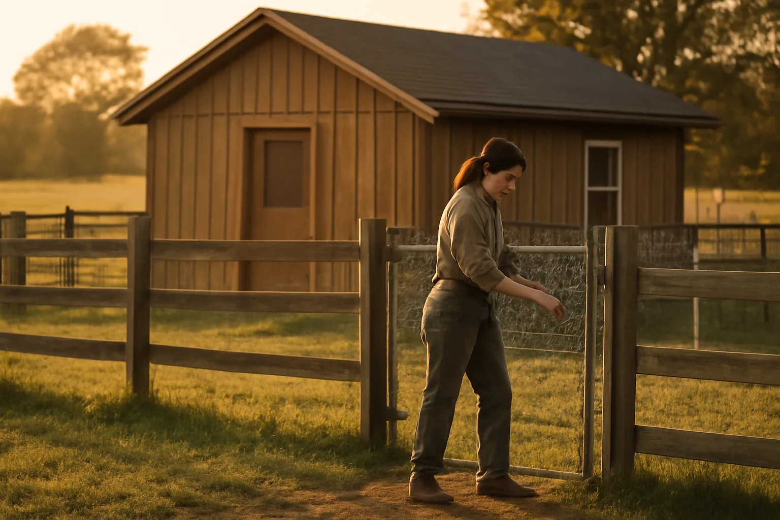 Breeder checking a kennel enclosure gate on a rural property at golden hour