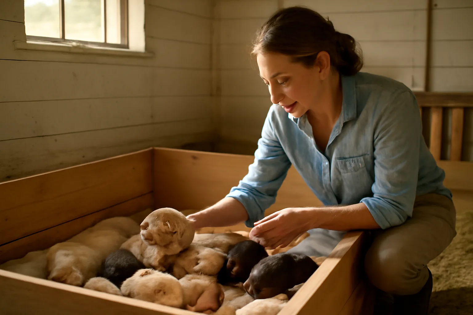Breeder checking puppies in a whelping box during a facility inspection routine