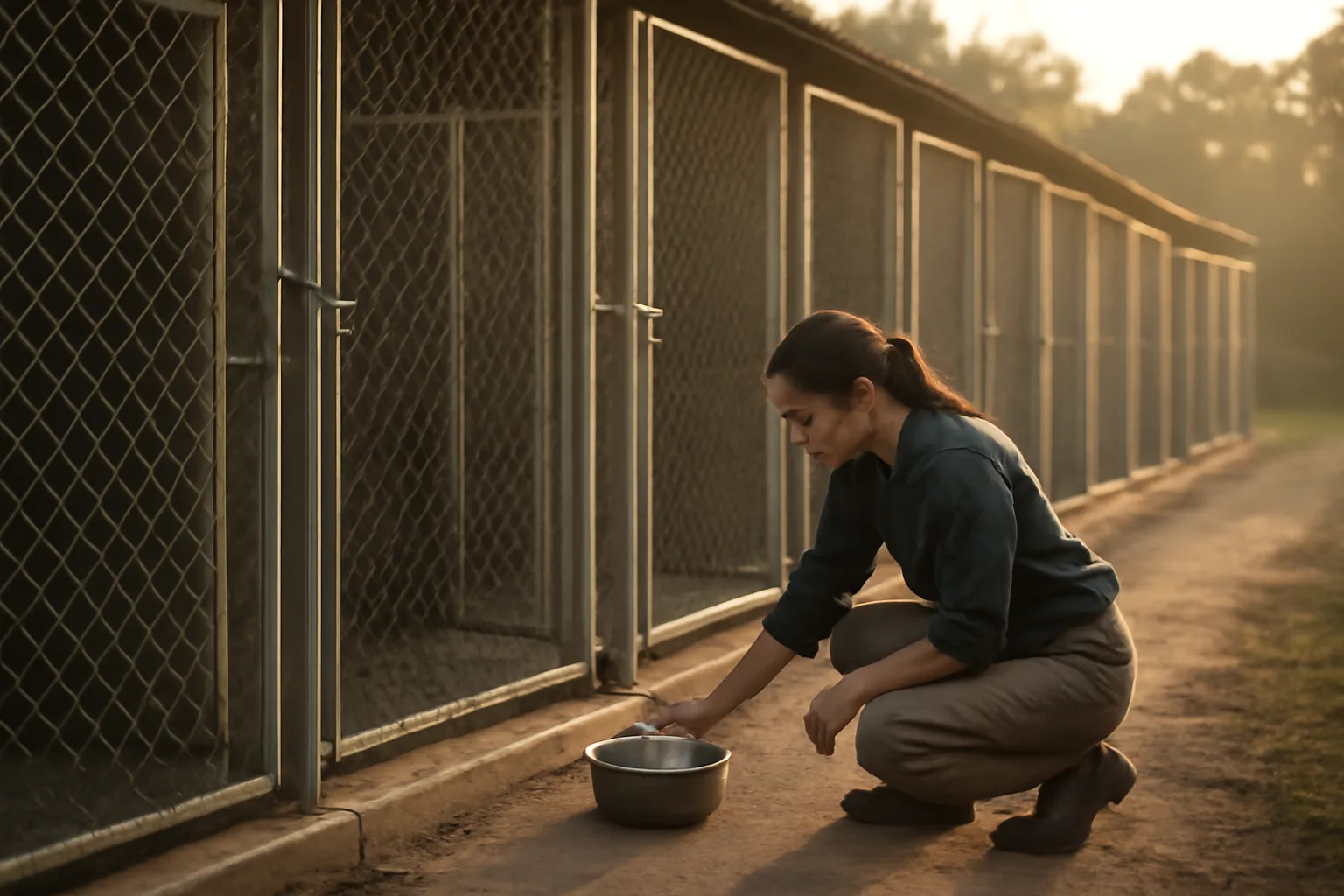 Breeder checking dog enclosures at a licensed kennel facility in early morning light