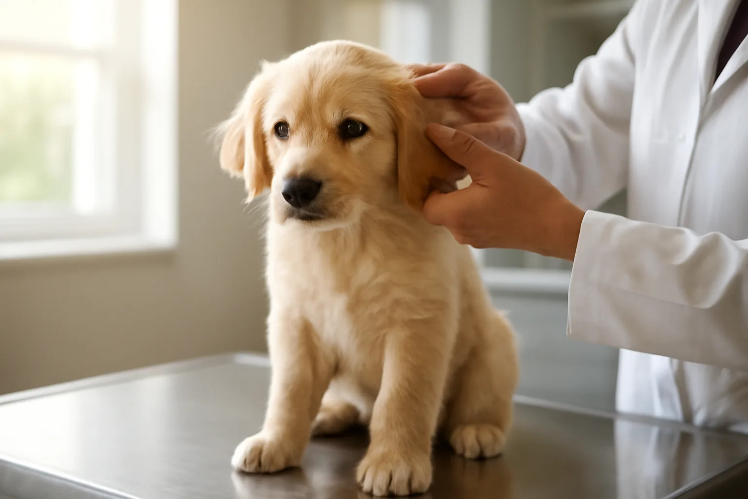 Veterinarian examining a golden retriever puppy on an exam table before registration