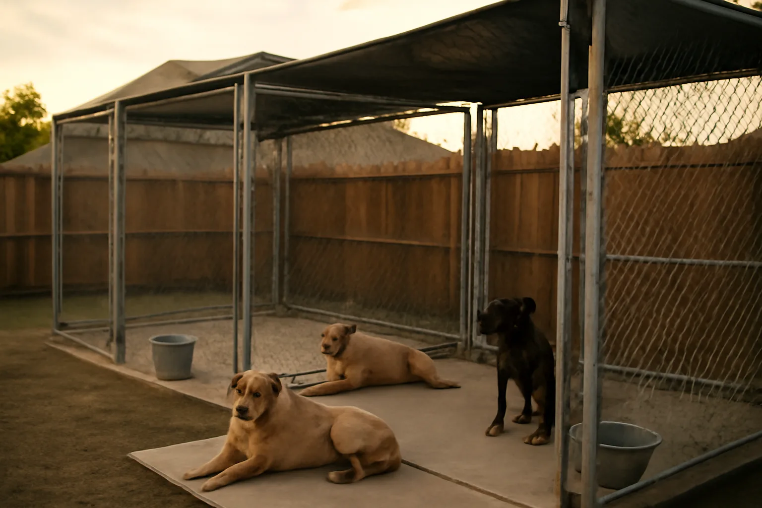 Backyard kennel runs used by a Dallas dog breeder at sunset