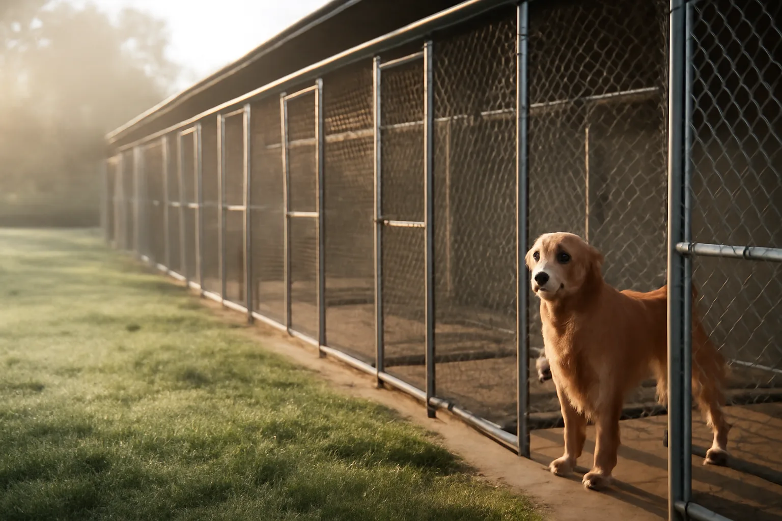 Outdoor kennel runs at a small breeding facility in morning light