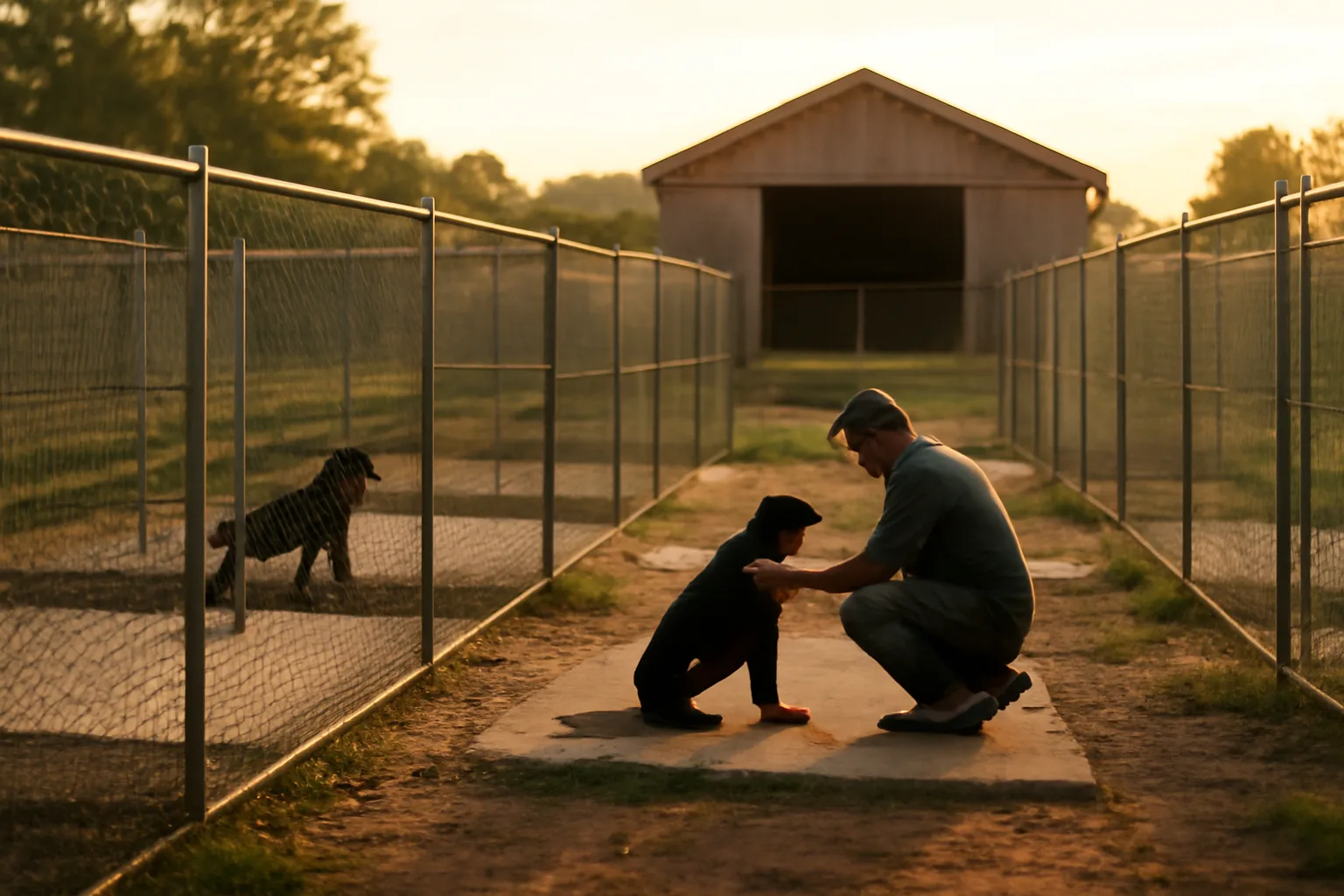 Outdoor dog breeder facility with fenced runs and a handler at golden hour