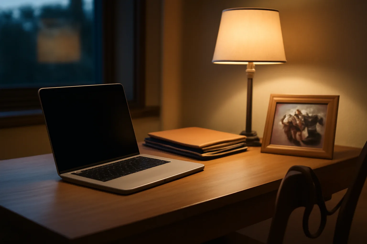 Home office desk with laptop, folders, and a dog leash for a breeder website business