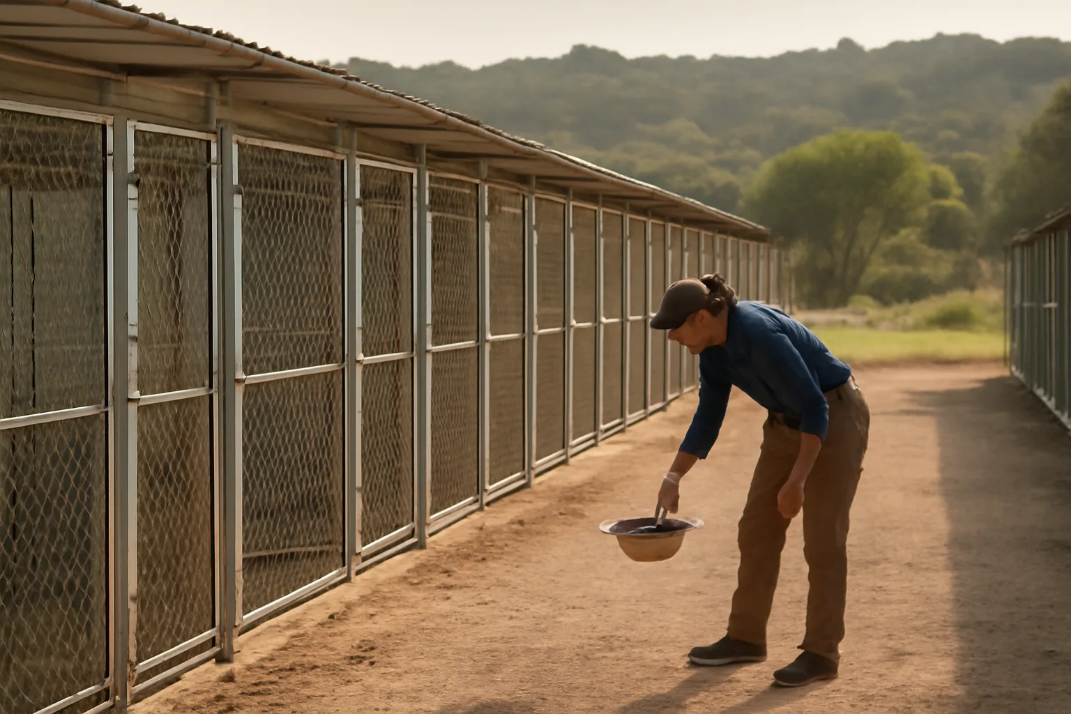 Kennel runs and a handler checking water at a Texas dog breeding facility