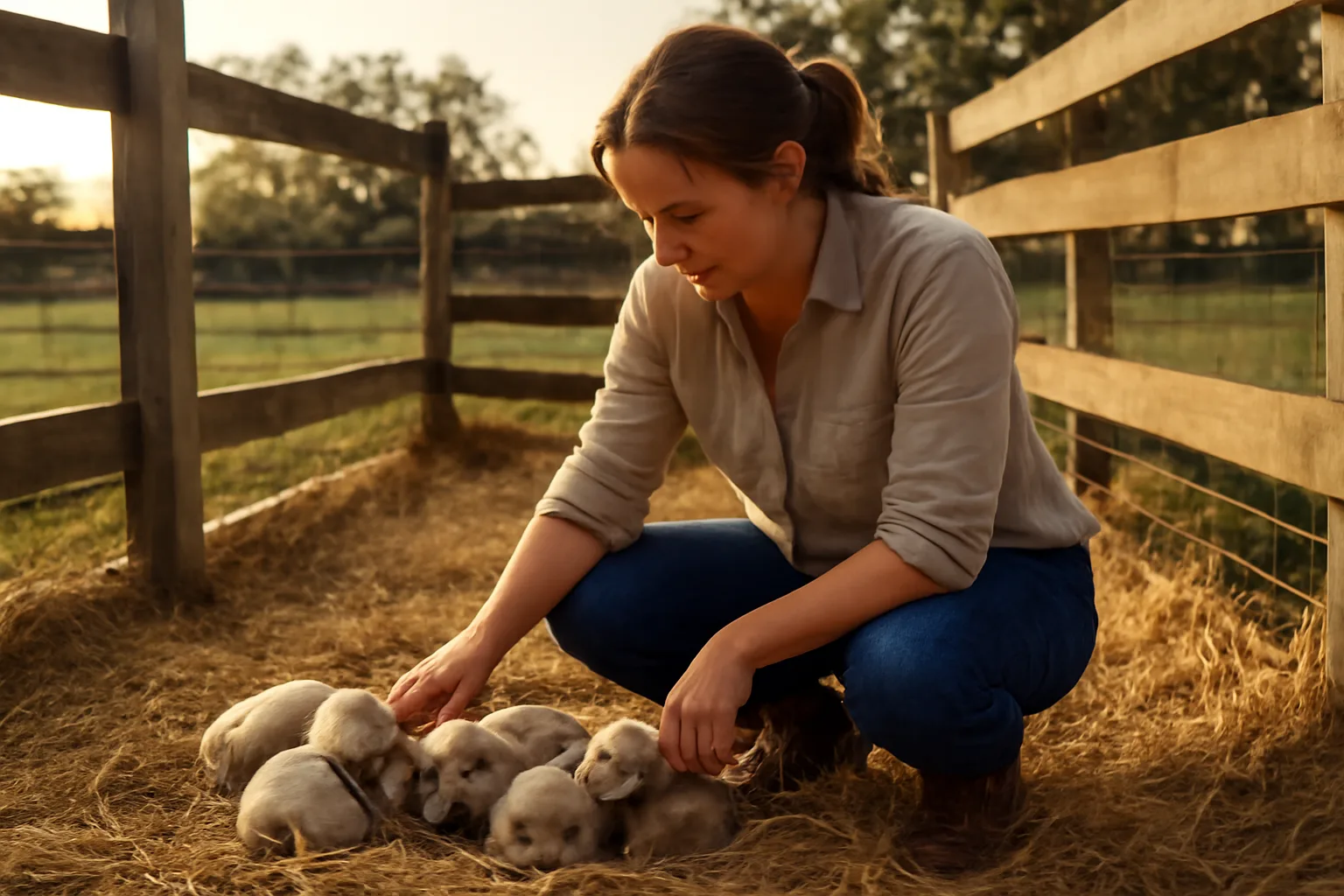 Breeder kneeling with puppies in a clean outdoor whelping pen at a rural kennel