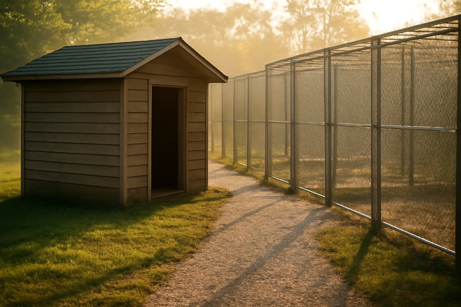 Home-based dog breeding kennel yard with whelping shed and outdoor runs at sunrise