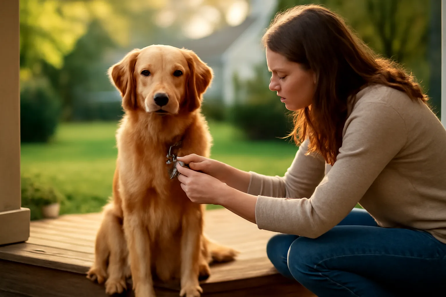 woman attaching a license tag to a dog's collar on a porch