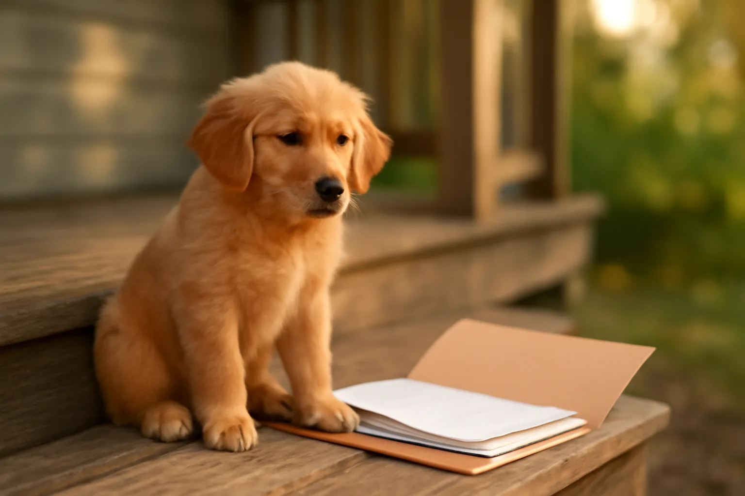 Puppy sitting next to an open folder of documents, illustrating how to AKC register a dog