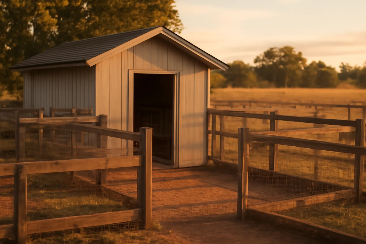 Small rural kennel building with fenced dog runs used for registered dog breeding operations