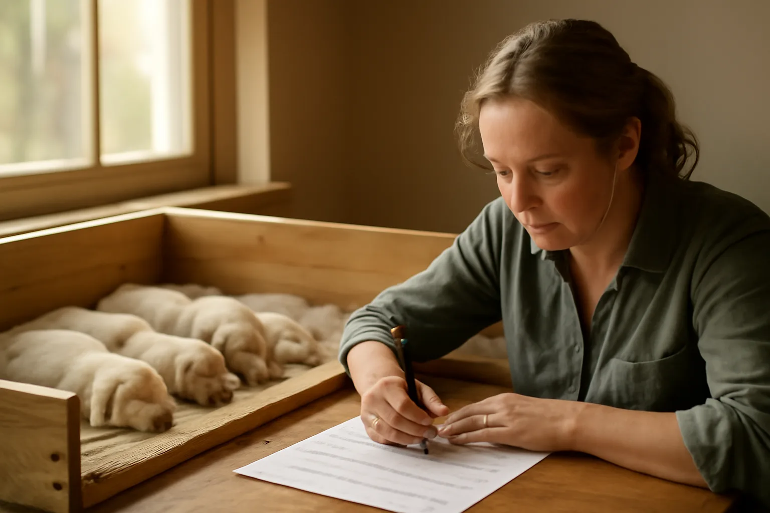 Breeder filling out litter registration paperwork beside a whelping box of puppies