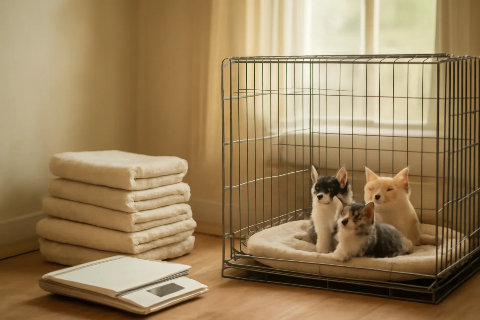 Home cattery nursery room showing a kitten pen and weighing scale in morning light