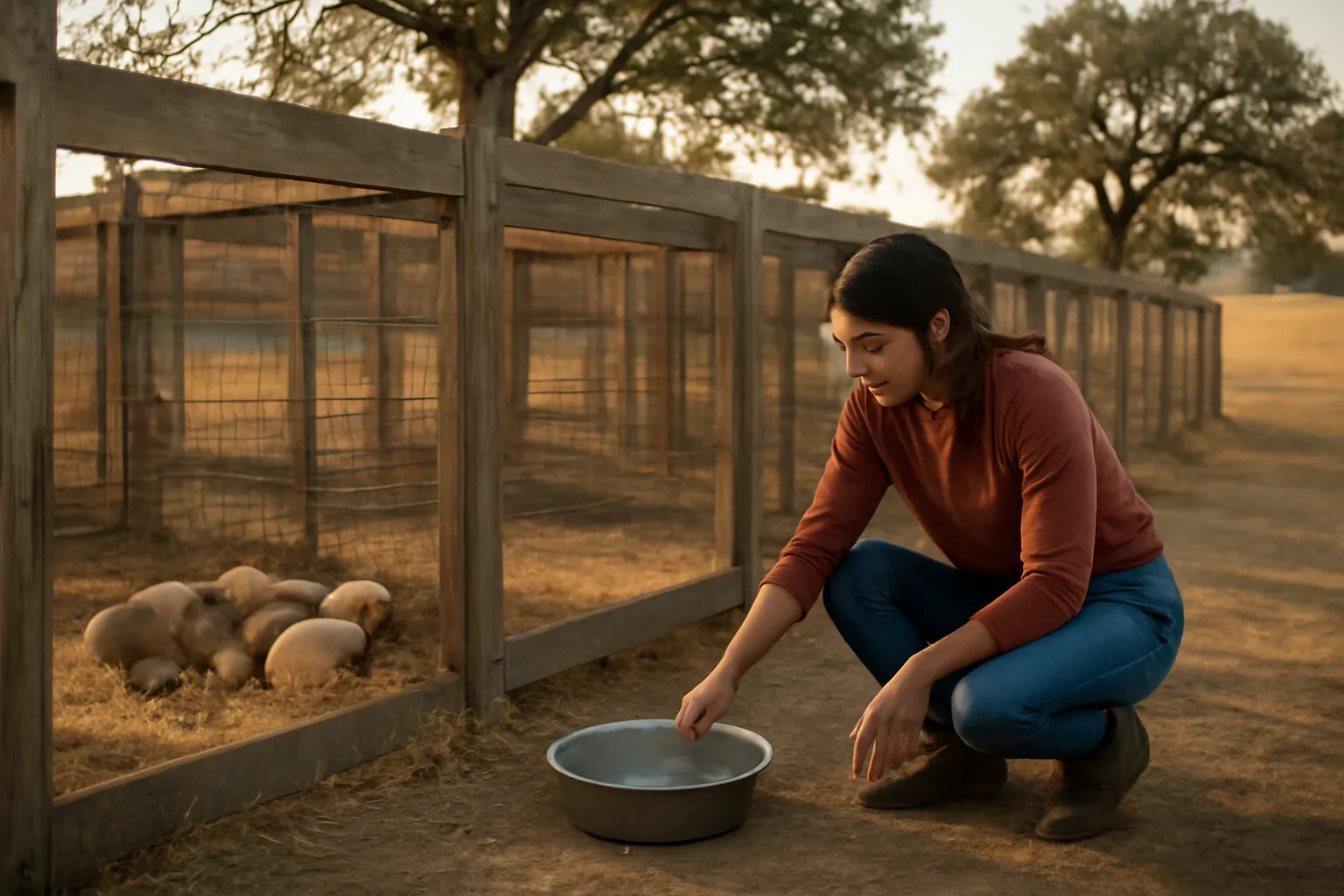 Breeder checking whelping pens with puppies at a rural California kennel facility