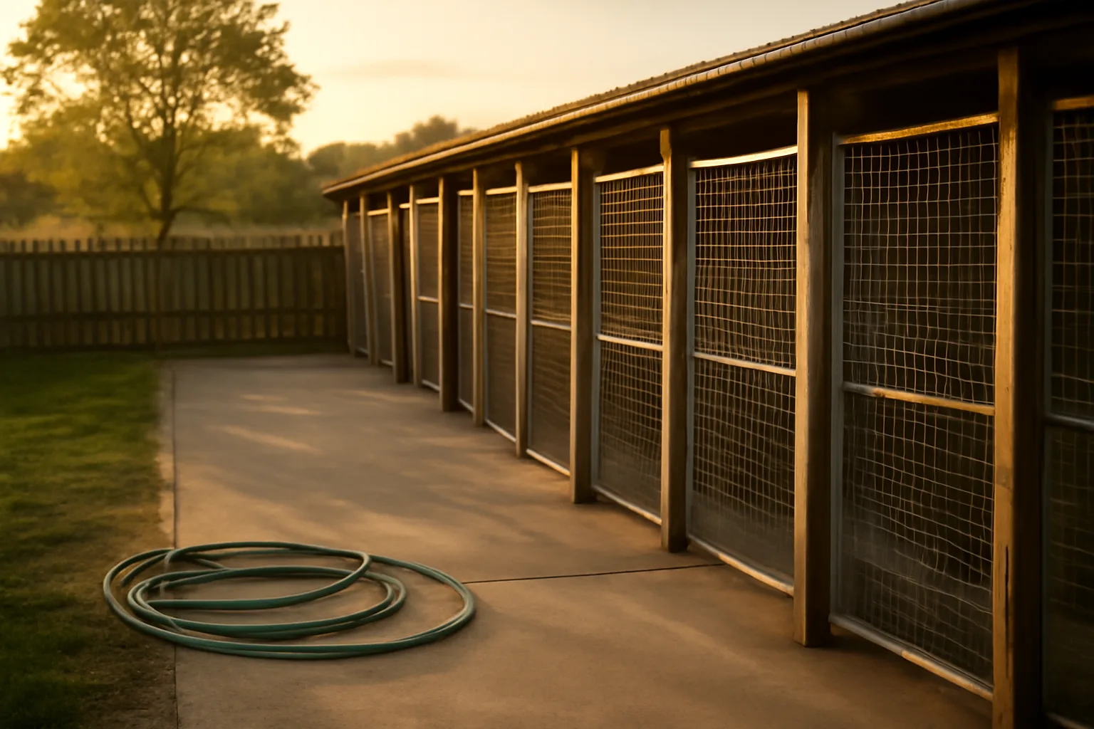 Rural dog breeding kennel yard with fenced runs at golden hour