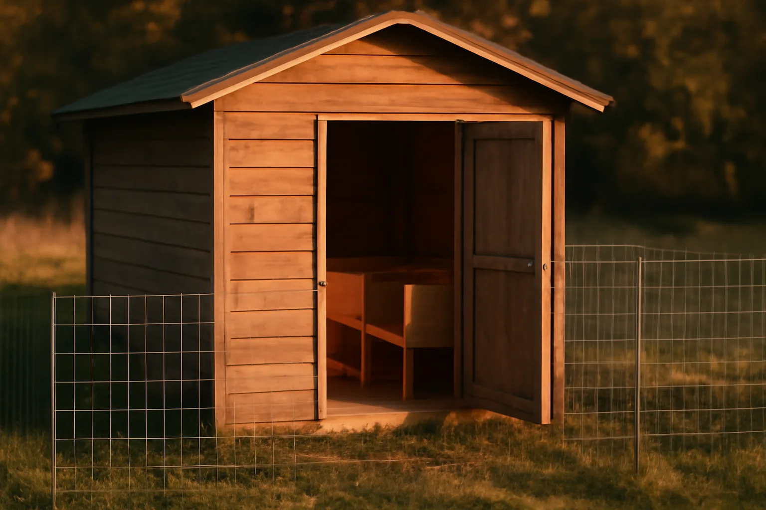Home dog breeding kennel building with outdoor fenced run at golden hour