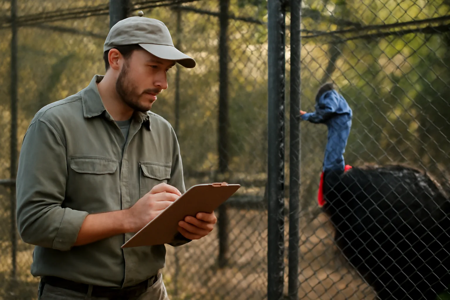 Caretaker inspecting an exotic animal enclosure at a licensed wildlife facility