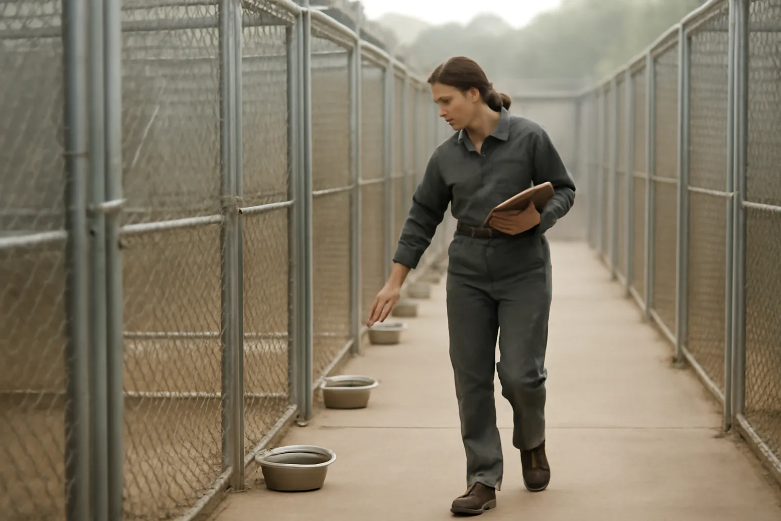 Breeder inspecting clean outdoor dog kennel runs during a morning facility check