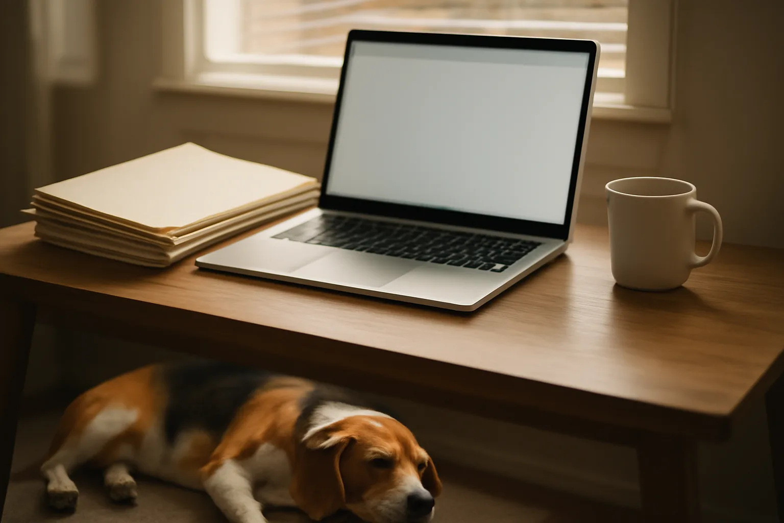 Desk with vaccination paperwork and a dog resting nearby, representing dog registry and licensing research