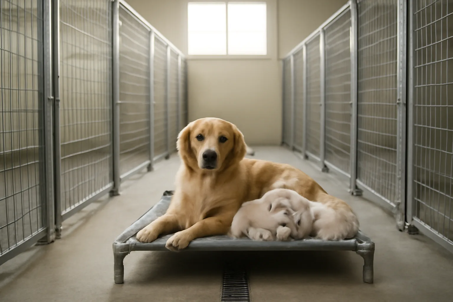 Kennel interior with dam and puppies in a clean enclosure during pet breeding operation