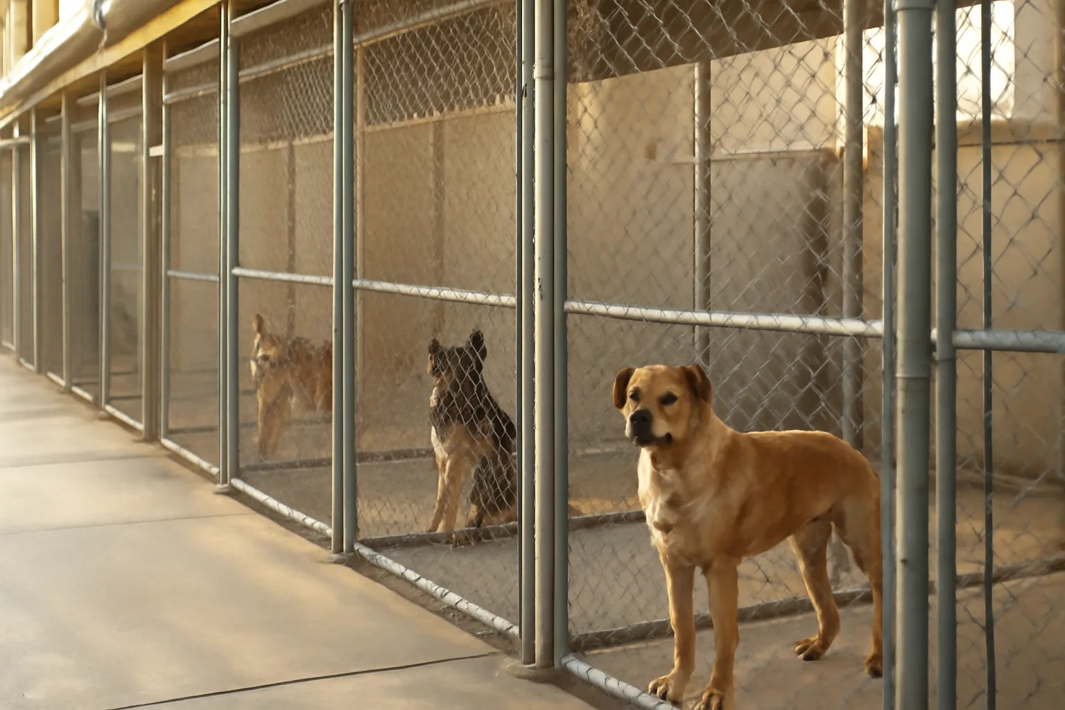 Rows of outdoor dog kennel runs illustrating puppy breeder facility classification standards