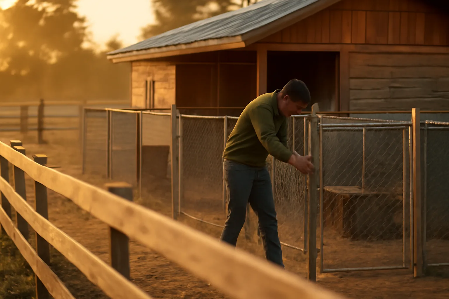 Breeder checking kennel gate latch at a small rural dog breeding facility
