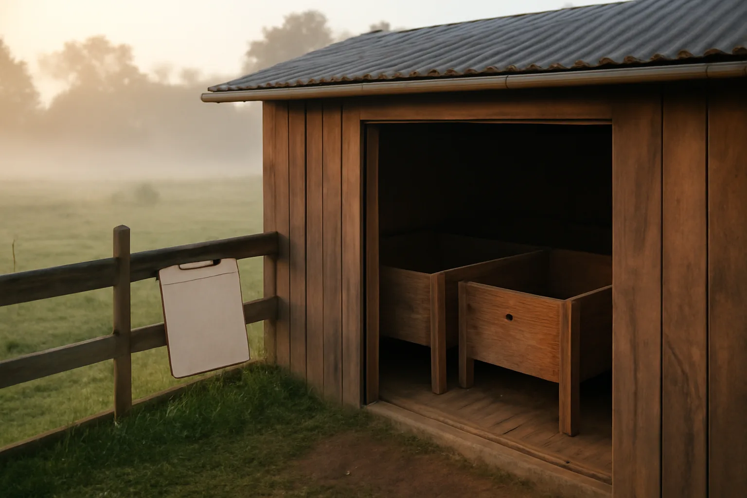 Rural kennel building at dawn showing whelping pens for a dog breeding business