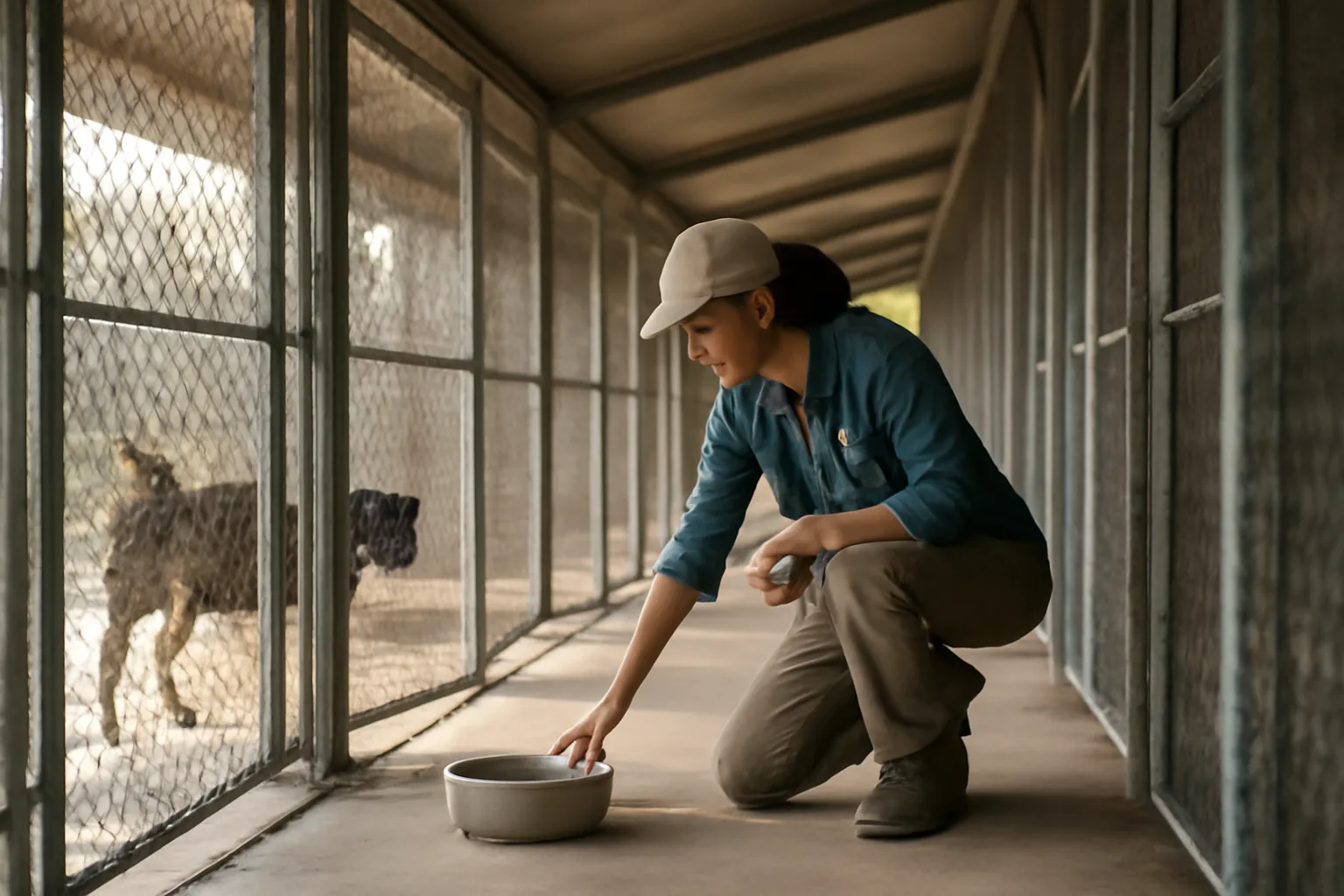 Kennel operator checking dog runs at a licensed breeding facility in daylight