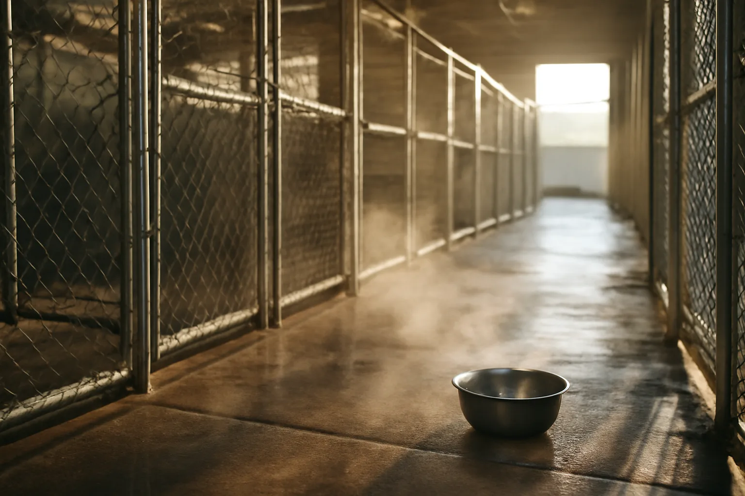 Rows of clean outdoor dog kennel runs in early morning light