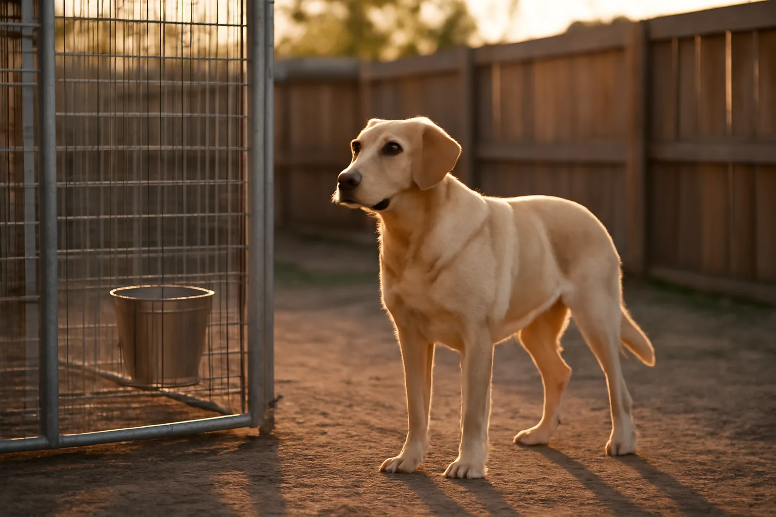 Licensed dog breeder's kennel yard with a Labrador retriever near an outdoor enclosure