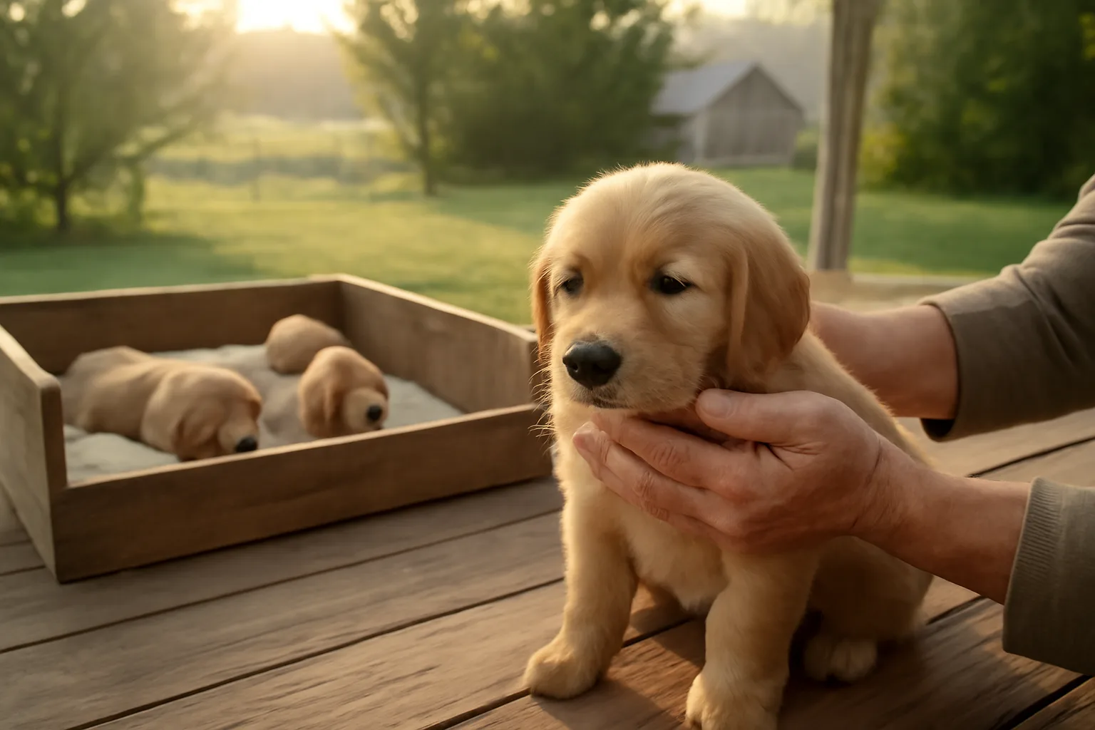 Breeder holding a golden retriever puppy outdoors near littermates in a whelping box