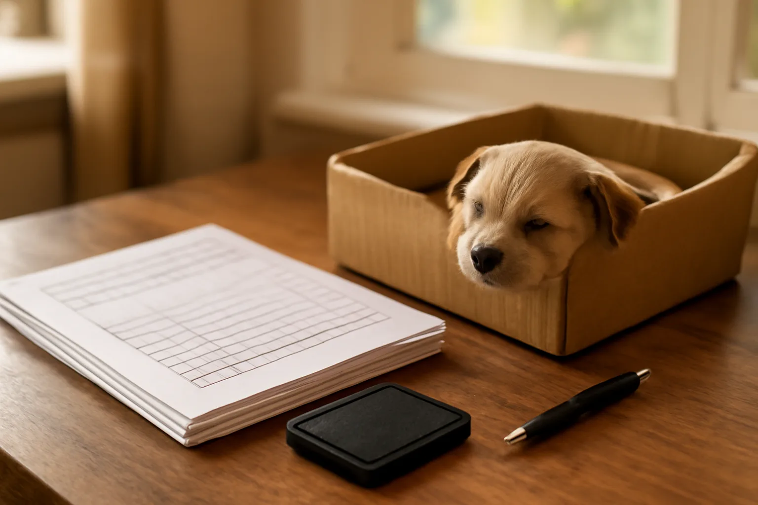 Breeder's desk with litter registration paperwork and a sleeping puppy in soft window light