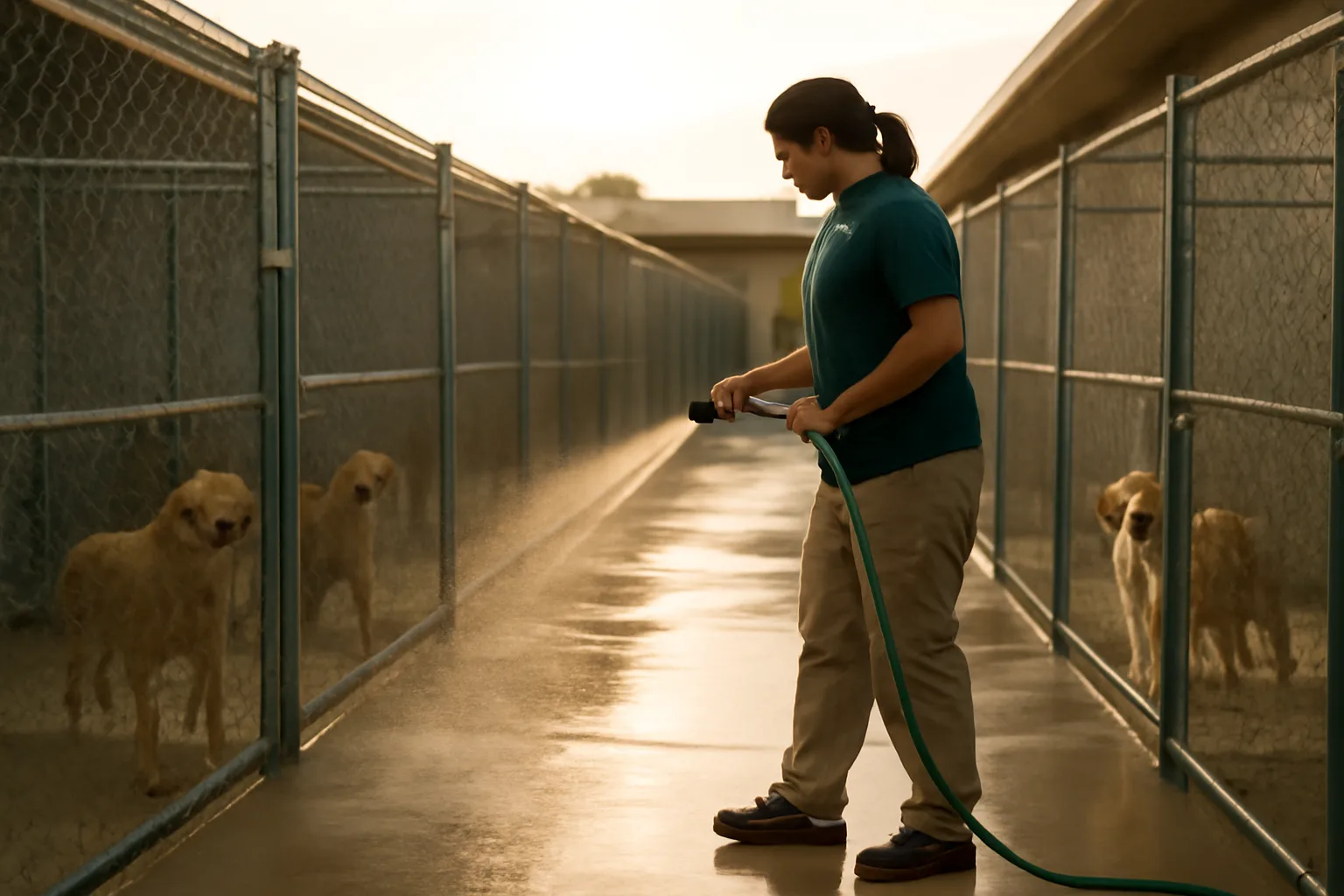 Outdoor runs at a Charlotte dog kennel facility in early morning light