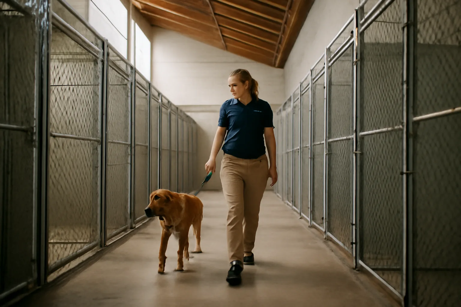 Interior corridor of a commercial dog kennel facility with individual runs in Charlotte NC