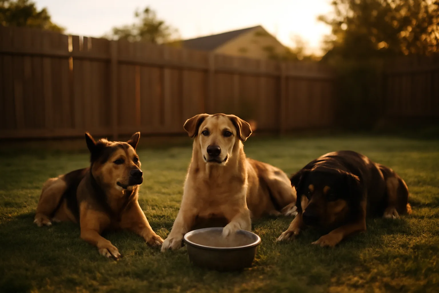 Three dogs resting in a fenced backyard illustrating dogs without a kennel license