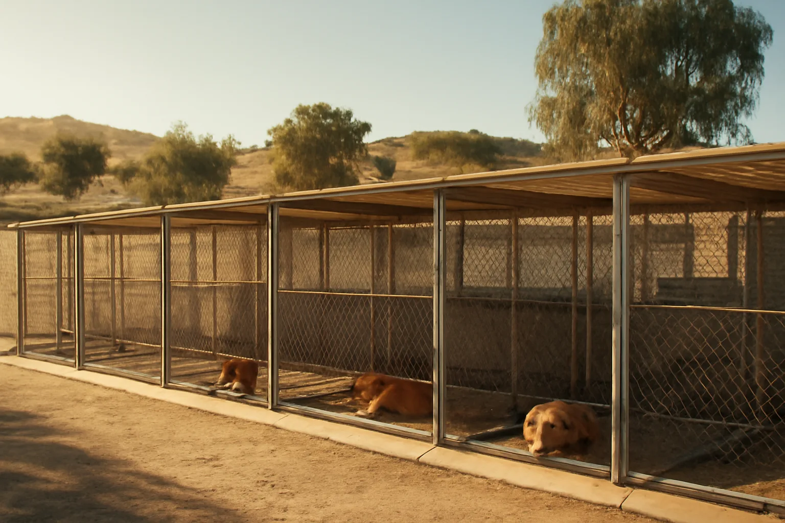 Outdoor dog kennel runs in a Southern California facility under morning sunlight