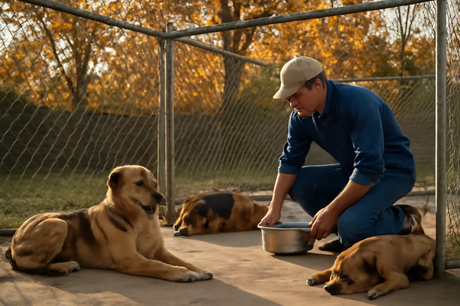 Kennel operator checking water bowls in a backyard dog run under afternoon light