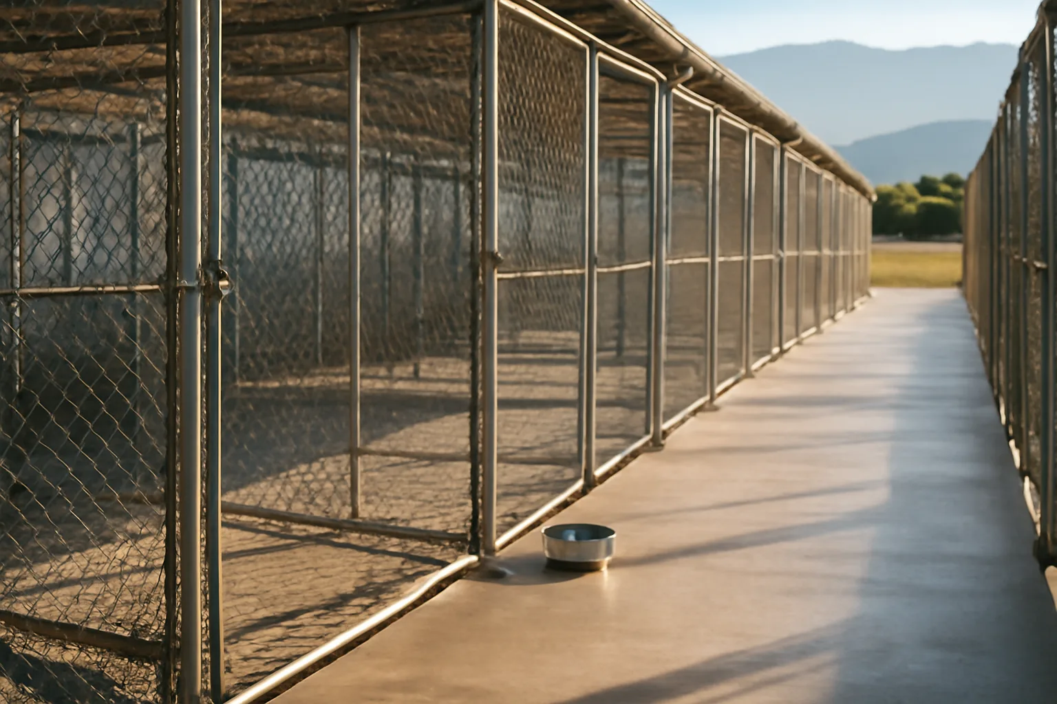 Outdoor kennel runs at a Davis County Utah dog boarding facility in morning light