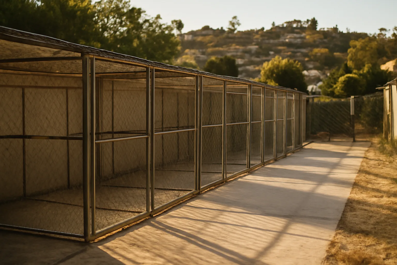 Rows of empty outdoor dog kennel runs in a Los Angeles backyard facility