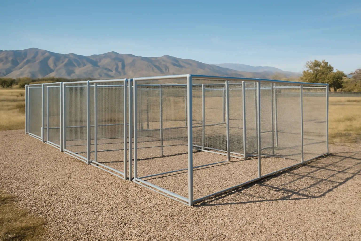 Outdoor kennel runs on a rural property near Weber County, Utah, mountains in background