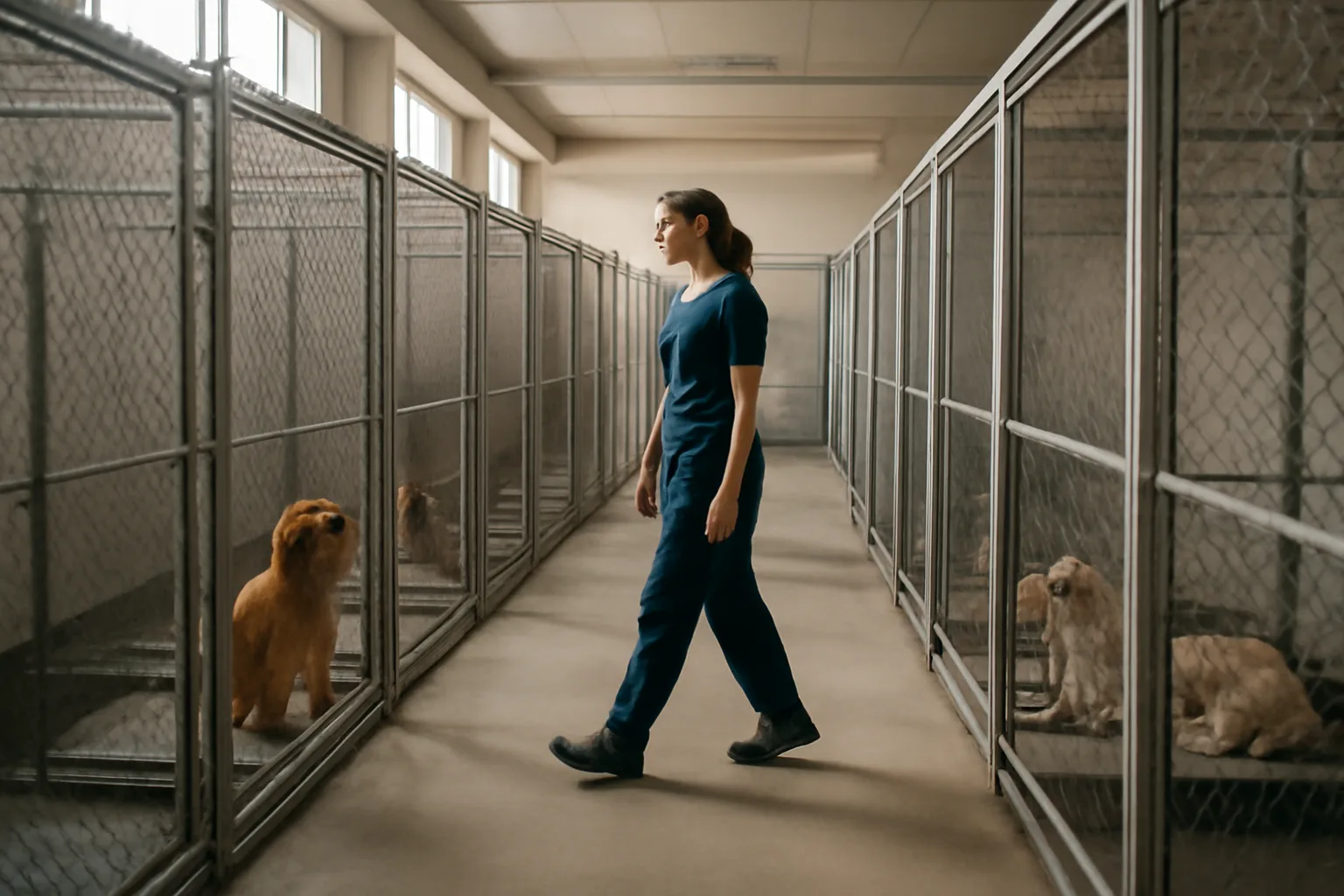 Staff member checking on dogs in individual runs at a boarding kennel