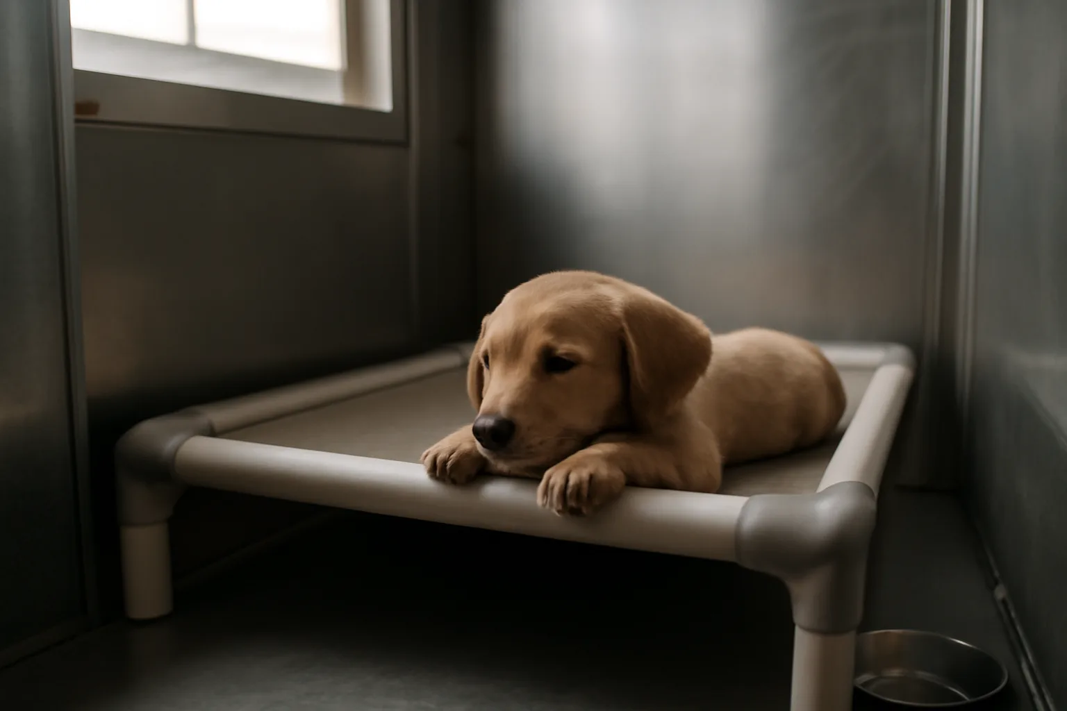 Puppy resting inside a clean stainless steel boarding kennel enclosure during daytime
