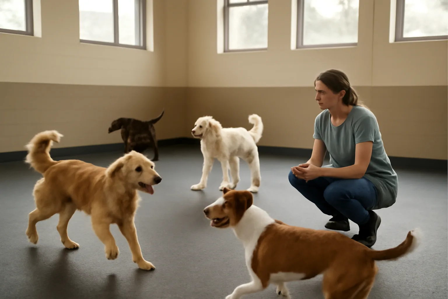 staff member supervising dogs playing in a sunlit indoor dog day care room